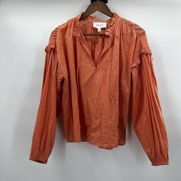 Cleobella Blouse Womens Small Orange Tropical Puff Sleeve Swiss Polkadot Boho - Picture 1 of 14